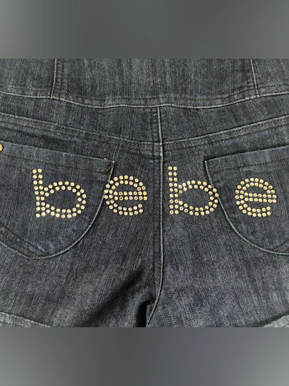 Bebe High Waisted Denim Shorts Size 9 Y2K Studded Logo Dark Wash Stretch